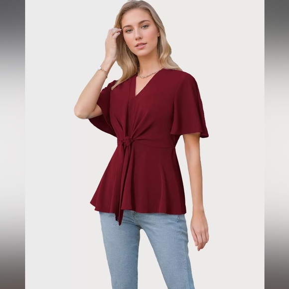 Tops - V-Neck front tie flounce blouse